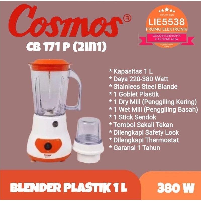 COSMOS CB-171P / CB 171 P Blender Plastik + Dry Mill 1L (2in1)Garansi Resmi