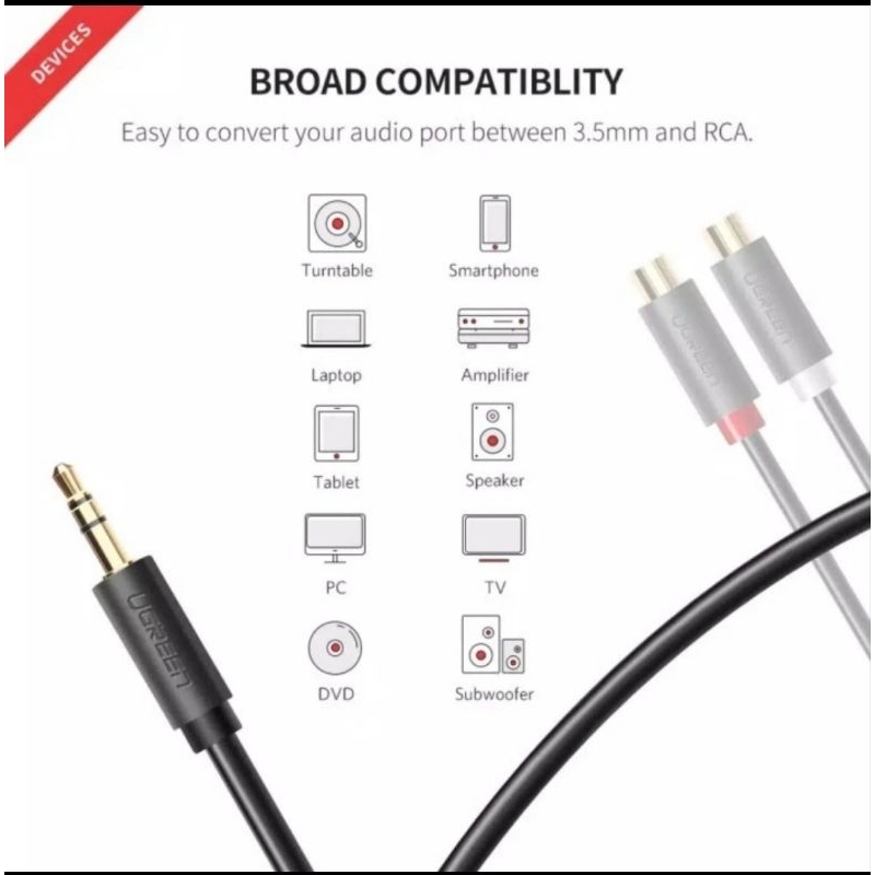 Ugreen Aux 3.5mm to 2 Rca Female Kabel AV - Ugreen 10547 Splitter Y Aux 3.5mm to 2 Rca LR