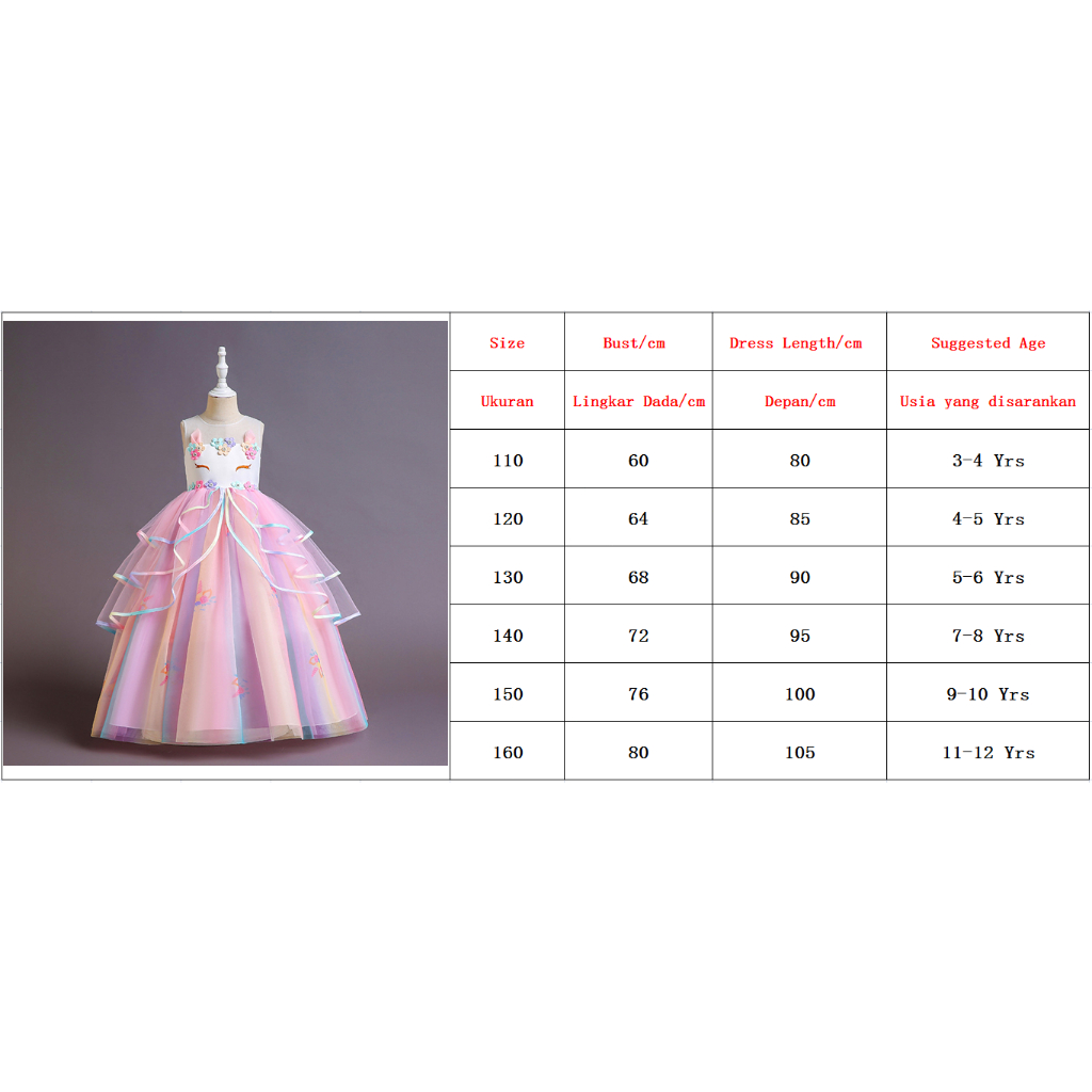 Ready Stock Gadis Putri Unicorn Dress + Sayap + Bando 3 Pcs Set Pesta Ulang Tahun Pernikahan Anak Perempuan Rainbow Dress