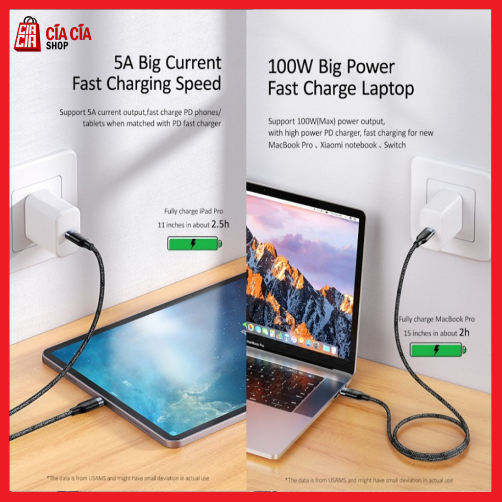 USAMS U31 Kabel Data Charger Type C to Type C 5A 100W PD Fast Charging Kabel Charger Laptop Tablet Type C