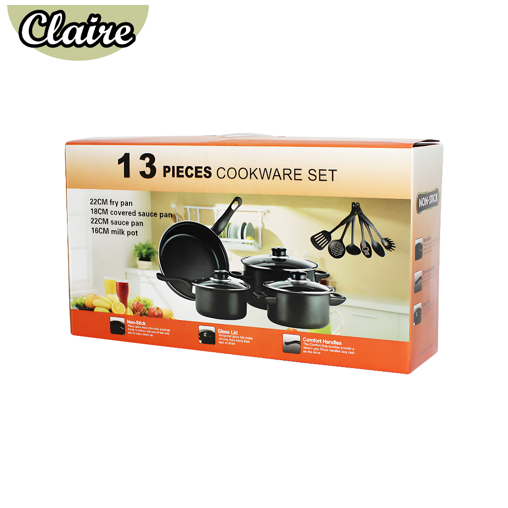 Panci Set 13 Pcs Hitam Anti Lengket Spatula 6 Pcs Penutup Kaca / Cookware Set Non-Stick