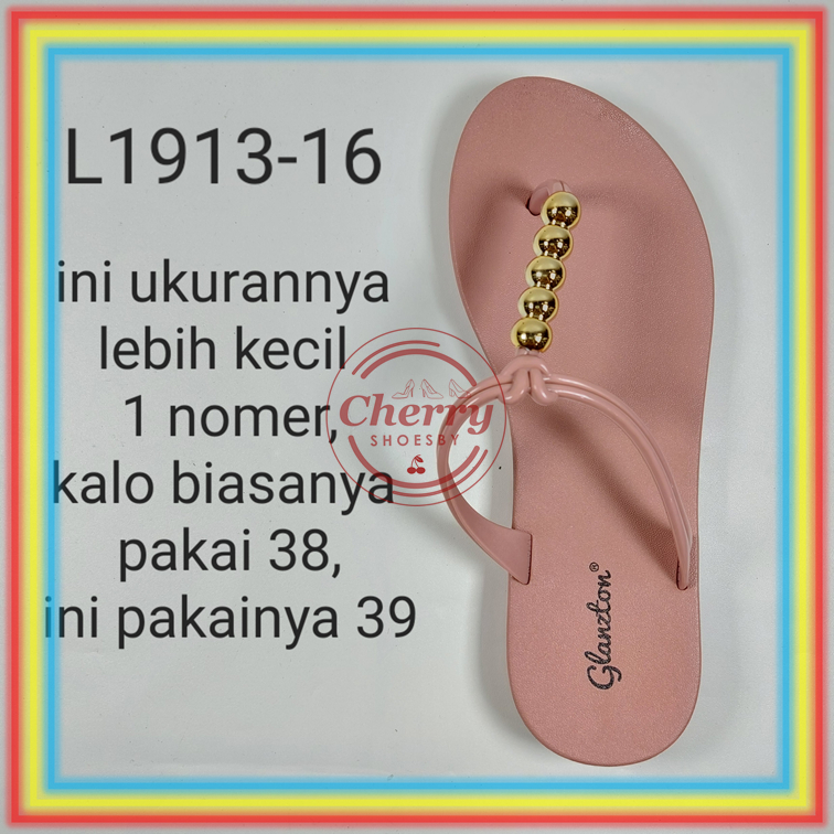 L1913-16 Sandal Jepit Karet Wanita Glanzton Sendal Cewek Jelly Tali Kabel Bulat Emas Krom Chrome