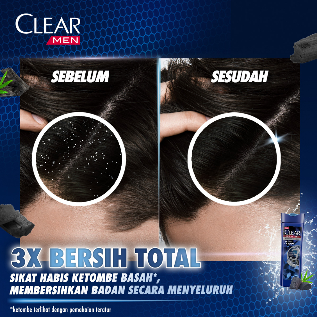 CLEAR Men Shampoo Anti Ketombe 3 in 1 Clean Active Sampo Tonik Sabun 48 Jam Perlindungan Aktif 160mL