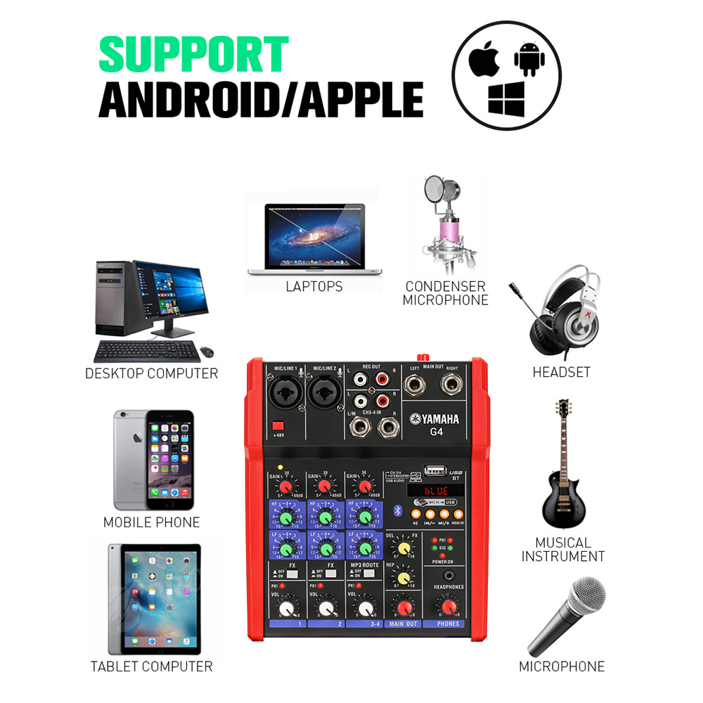 Mixer Audio Profesional  G4B mixer kecil 4 saluran Mendukung pemutaran Bluetooth/UBB/PC/MP3 Dukungan untuk penggunaan di dalam kendaraan Peralatan bernyanyi KTV pertunjukan luar ruangan