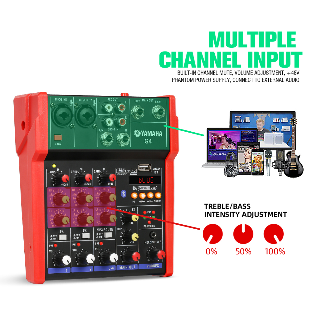 Mixer Audio Profesional  G4B mixer kecil 4 saluran Mendukung pemutaran Bluetooth/UBB/PC/MP3 Dukungan untuk penggunaan di dalam kendaraan Peralatan bernyanyi KTV pertunjukan luar ruangan