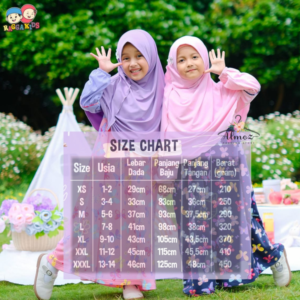 Gamis anak Raggakids motif kupu-kupu size 1 - 14 tahun