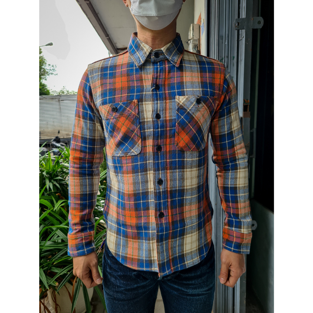 Studio D'Artisan Check Heavyweight Flannel Shirt - Orange / Blue