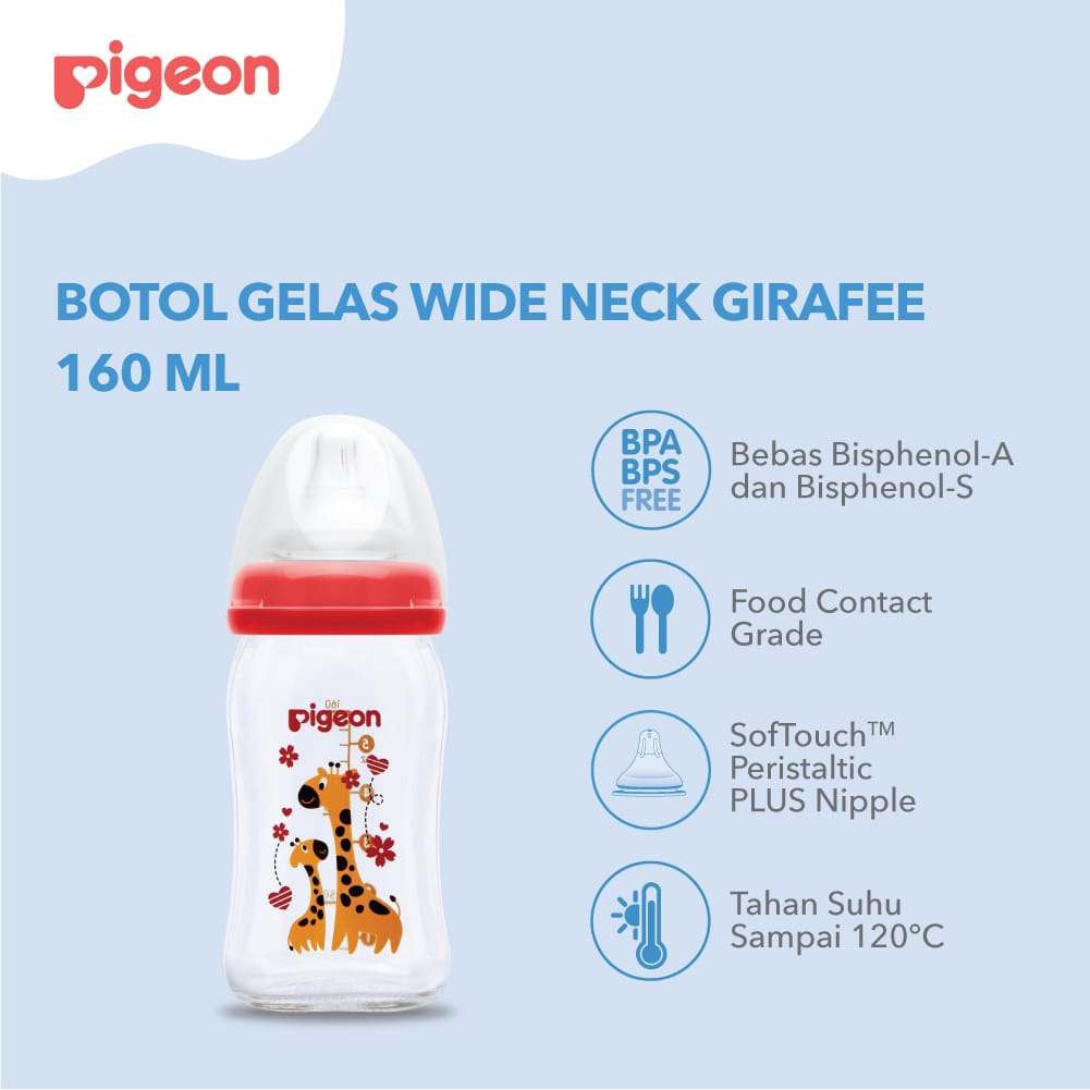 PIGEON BOTOL GELAS WIDE NECK W/ PERISTALTIC PLUS NIPPLE 160ML