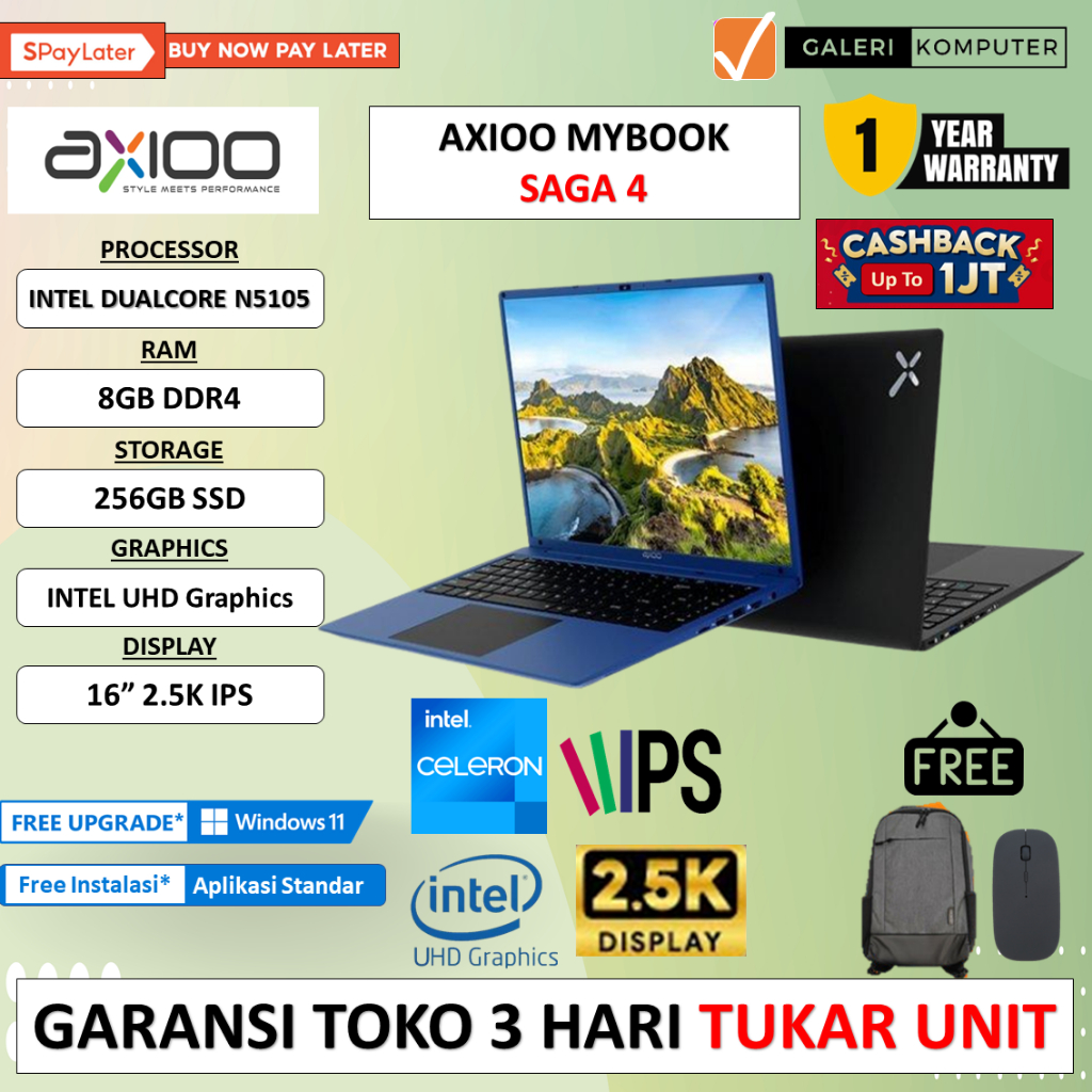 LAPTOP MURAH AXIOO MYBOOK SAGA 4 Intel N5105 8GB 256GB SSD 2.5K IPS WINDOWS 11 HOME