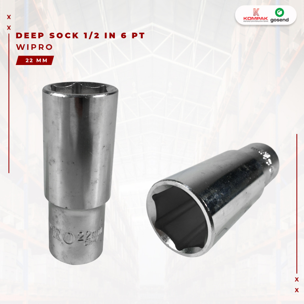 WIPRO Mata Sok Panjang 22 mm Deep Wall socket 22mm 1/2” DR 6 PT Mata Kunci Sock Shock panjang Kunci 