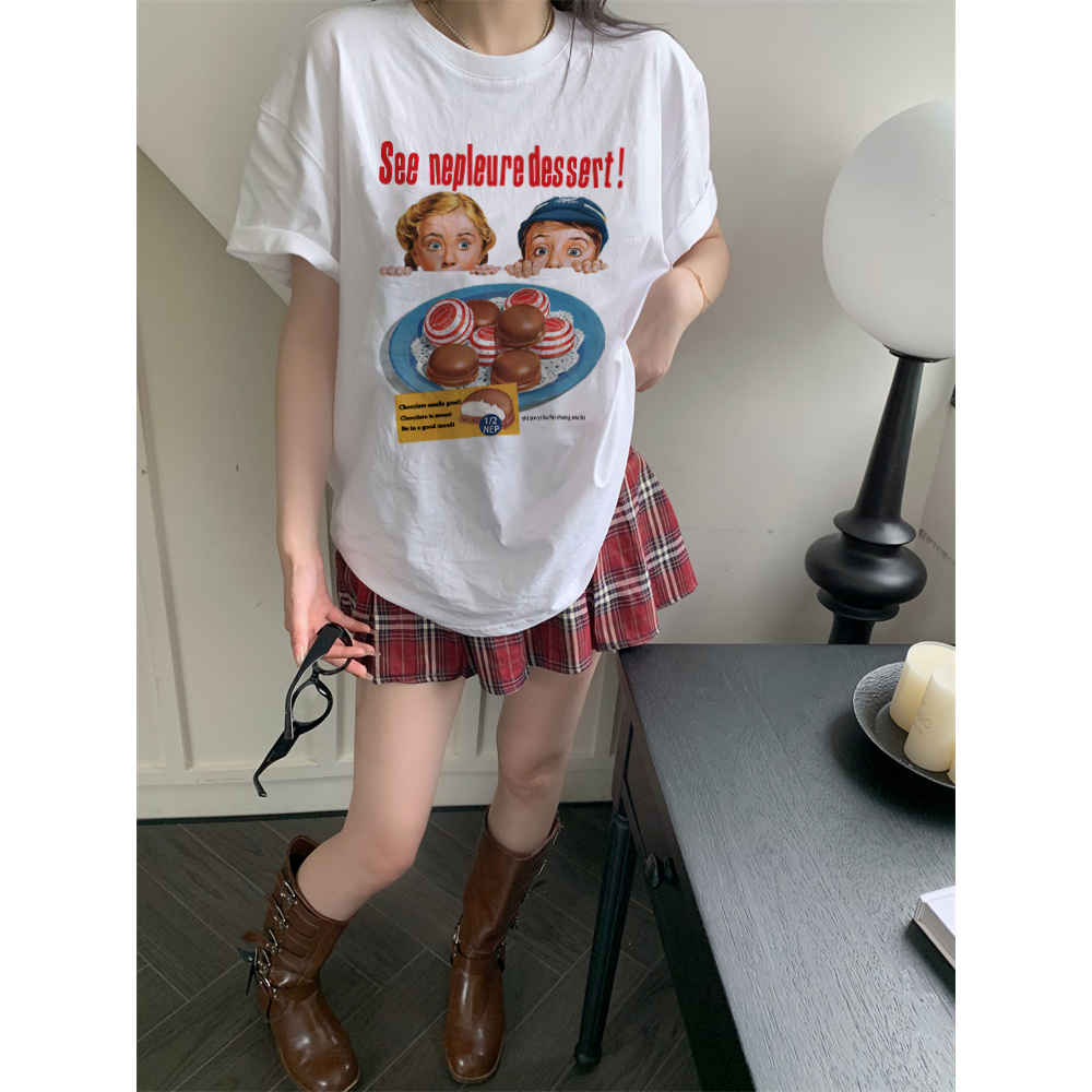 EUNII T-shirt Lengan Pendek Cartoon Dessert Printing Korean Style/Kaos Atasan Wanita/Baju Wanita/Kaos Wanita