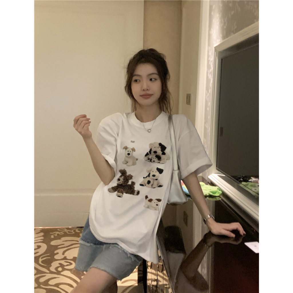 EUNII T-shirt Lengan Pendek Cartoon Cow Dog Printing Korean Style/Kaos Atasan Wanita/Baju Wanita/Kaos Wanita