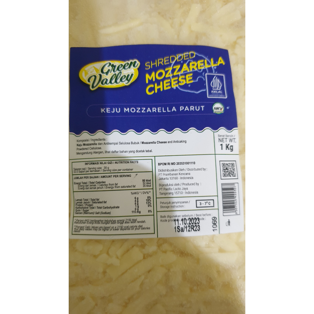 

Keju Mozarella Parut Green Valley Mozzarella Shredded Cheese Extra Stretch kemasan 1Kg