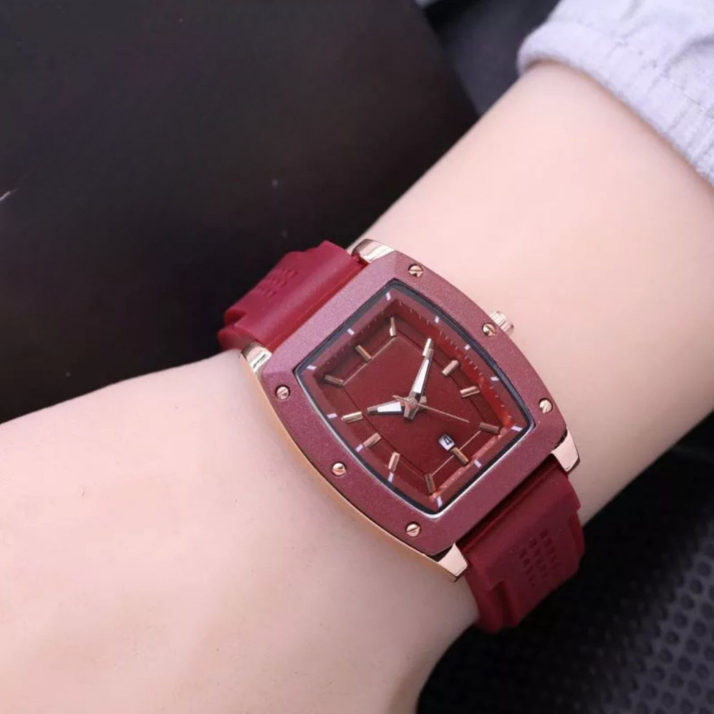 (SS) JAM TANGAN WANITA FASHION TALI RUBBER BODY OVAL BALOK TANGGAL AKTIF BL-7766