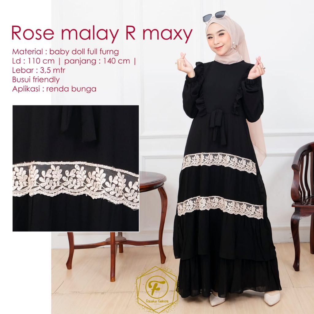 Gamis dress ROSE MALAY renda bunga umpak busui kekinian kondangan pesta ootd