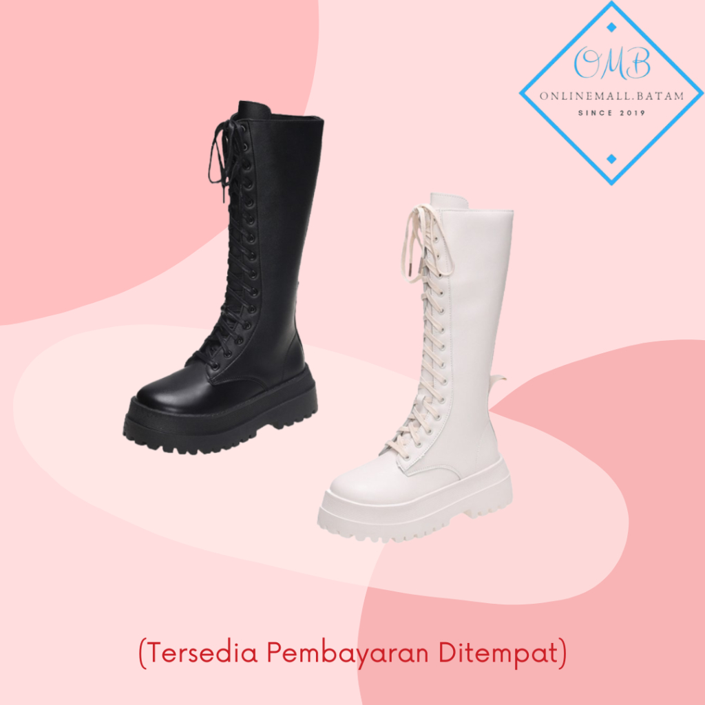 FAVORIT Sepatu Boots Martin Wanita Fashion Kekinian Hak Sedang Panjang Setinggi Lutut Model Flat