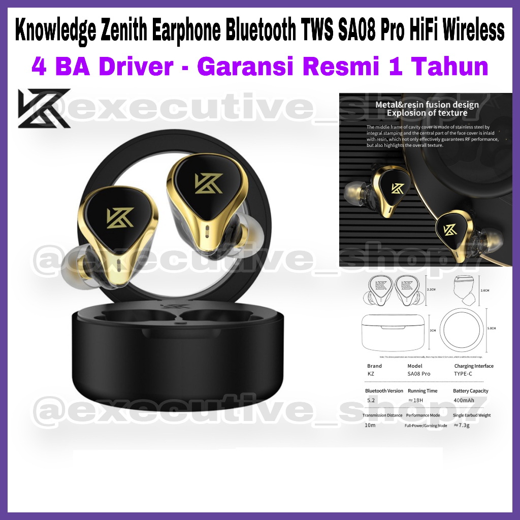 Knowledge Zenith Earphone Bluetooth TWS SA08 Pro Hifi Wireless - 4 BA Driver - Garansi Resmi 1 Tahun