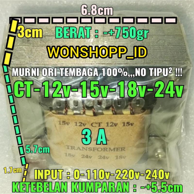 3A CT24v TRAVO TRAFO 3 ampere CT 12v 15v 18v 24v MURNI TEMBAGA ORI TRANSFORMER TRAPO