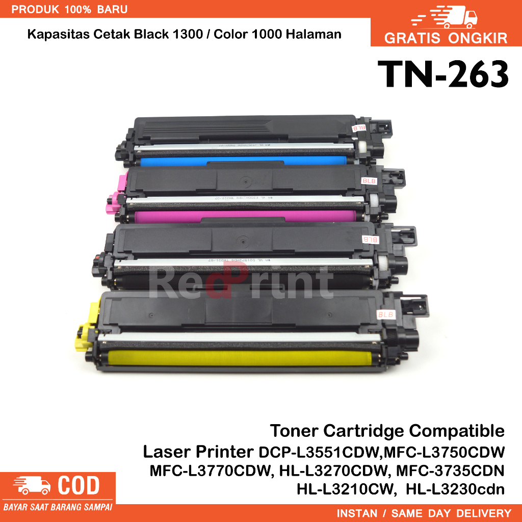 Toner Cartridge Compatible TN263 Printer DCP-L3551CDW,  MFC-L3750CDW, L3770CDW, HL-L3270CDW, 4 Warna/ 1SET