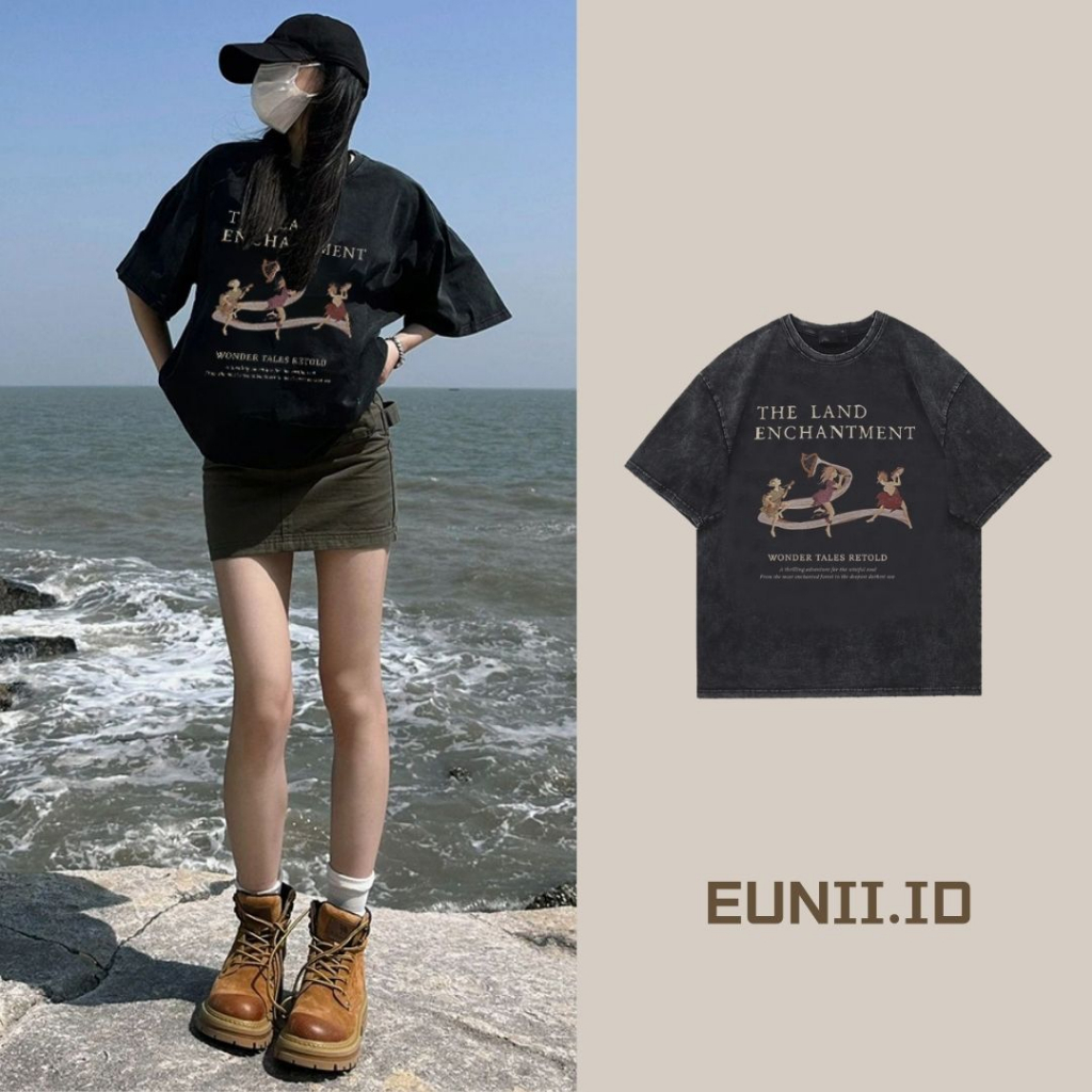 EUNII T-shirt Lengan Pendek Black Washed Retro Trumpet Girl Printing Korean Style/Kaos Atasan Wanita/Baju Wanita/Kaos Wanita