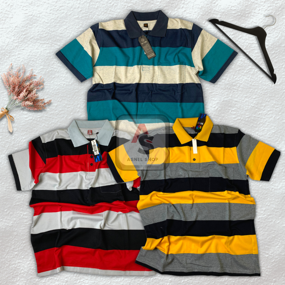 Kaos Garis / Balok Berkerah Pria Dewasa Lengan Pendek | Polo Shirt Stripe Cowok Keren Kekinian | Baj