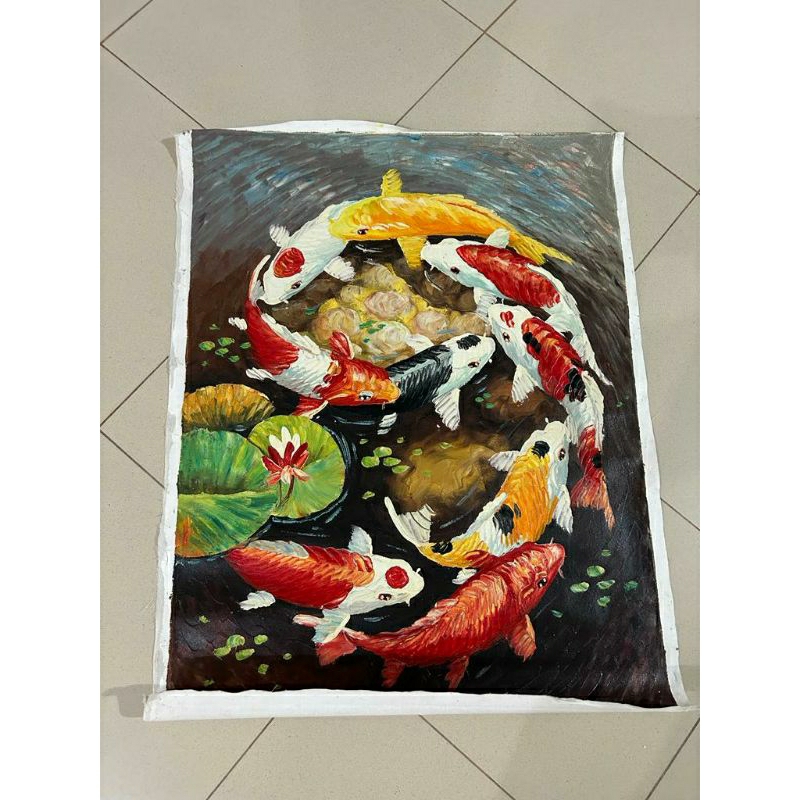 Lukisan canvas timbul  ikan koi asli