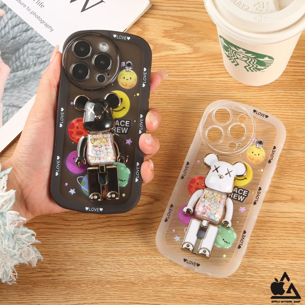 LUXURIOUS Soft 4D BE@RBRICK Pop Standing iPhone 12 PRO MAX 11 PRO MAX XR X XS MAX 7 7+ 8 8+ BearBrick Bear Brick Stand Chrome Krom Circle Camera Protector Protection Pelindung Kamera Bulat Standing Case SILIKON BENING SILICONE SOFTCASE SOFT CASE Jelly