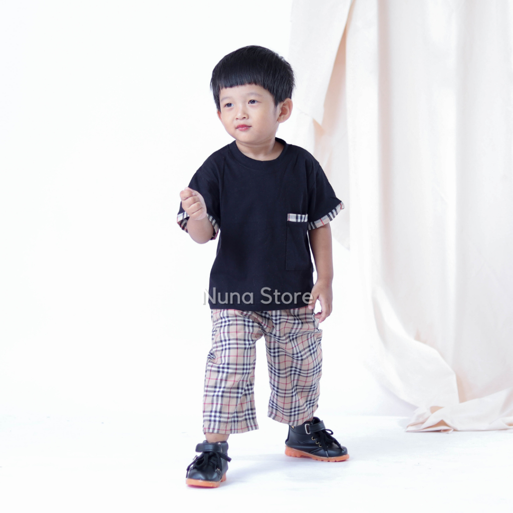 Nuna Store Setelan Kaos bayi dan anak cowo/laki-laki usia 0 Bulan - 3 tahun Motif Kaos Kantong Burberry