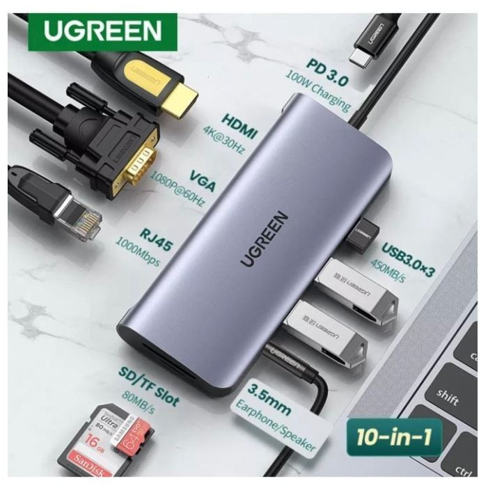 UGREEN Adapter Converter 9 in 1 Type C To Hdmi Vga Micro SD RJ45 4K Sd Card Type C Pd 3 Usb Port Charger Macbook Laptop 80133