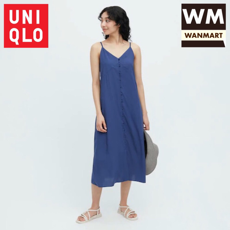 UNIQLO Women Button Down Dress Gaun Kamisol Wanita Flare Kancing Blue