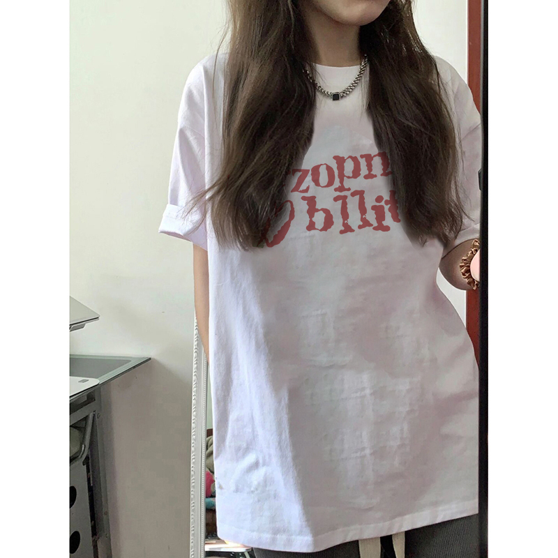 XiaoZhaiNv Kaos Atasan Wanita Huruf Merah Muda Pattern Lengan Pendek A0891/Korean Style