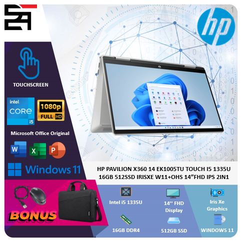 HP Pavilion X360 14 EK1005TU Touch 2in1 i5 1335U 16GB 512GB SSD Iris Xe W11+OHS 14 Inchi FHD IPS  Blit Pen