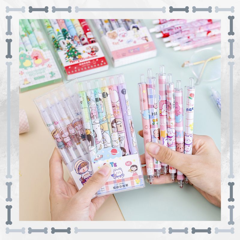 1 Set Pulpen Gel 6 pcs / Mekanik Motif Cartoon / Pulpen Gel Lucu