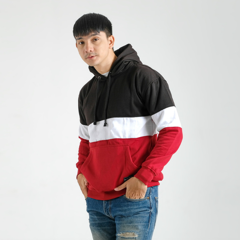 Mcvois Sweater Hoodie Kombinasi 3D Hitam Bawah Maroon