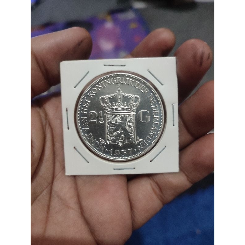 koin wilhelmina silver 2 1/2 gulden 1937 original