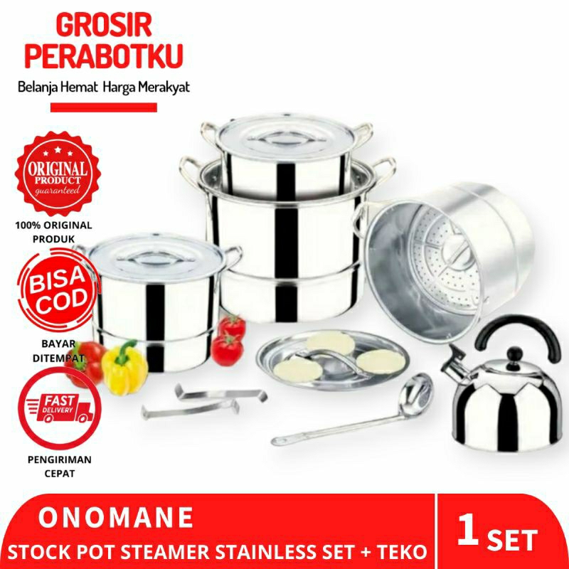 Panci Stock Pot Steamer Stainless Set + Teko Onomane / Onokabe Platinum Quality