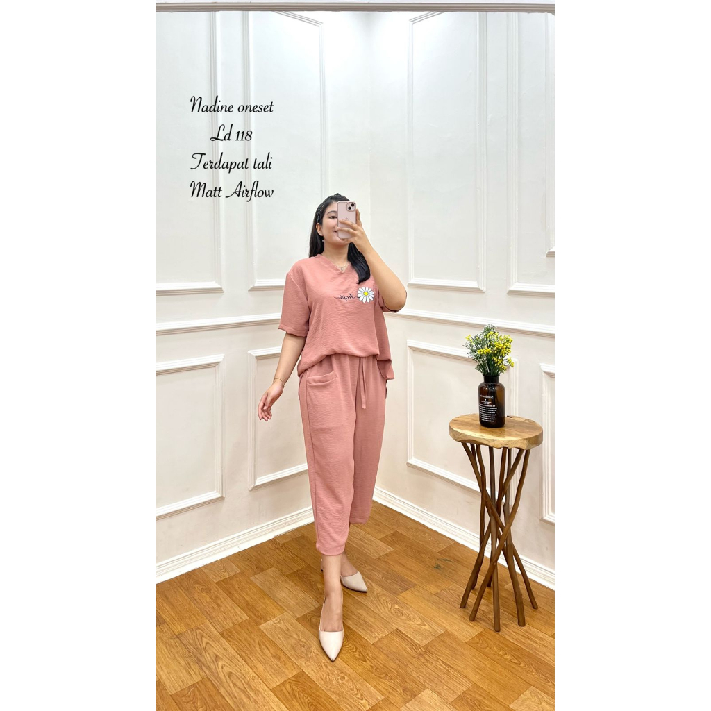 One set NADINE annisa fashion setelan wanita cringkle airflow sablon bunga dan love terbaru