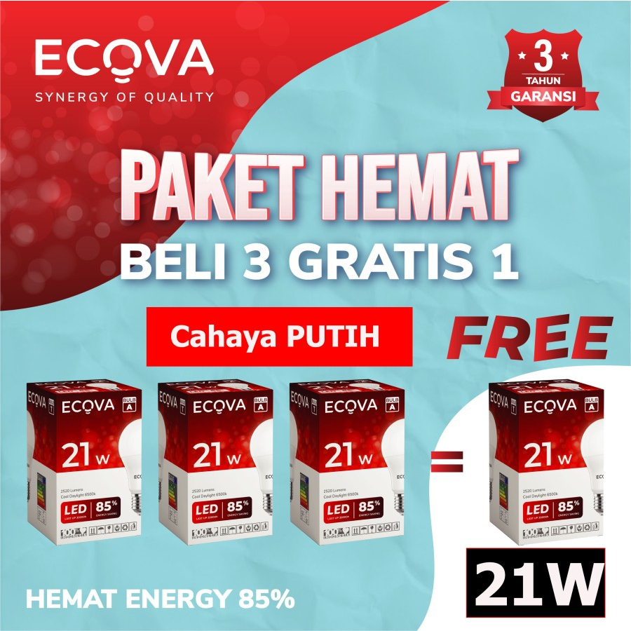 cahaya PUTIH PAKET HEMAT 4 PCS Lampu LED 21 Watt ECOVA GARANSI 3 TAHUN