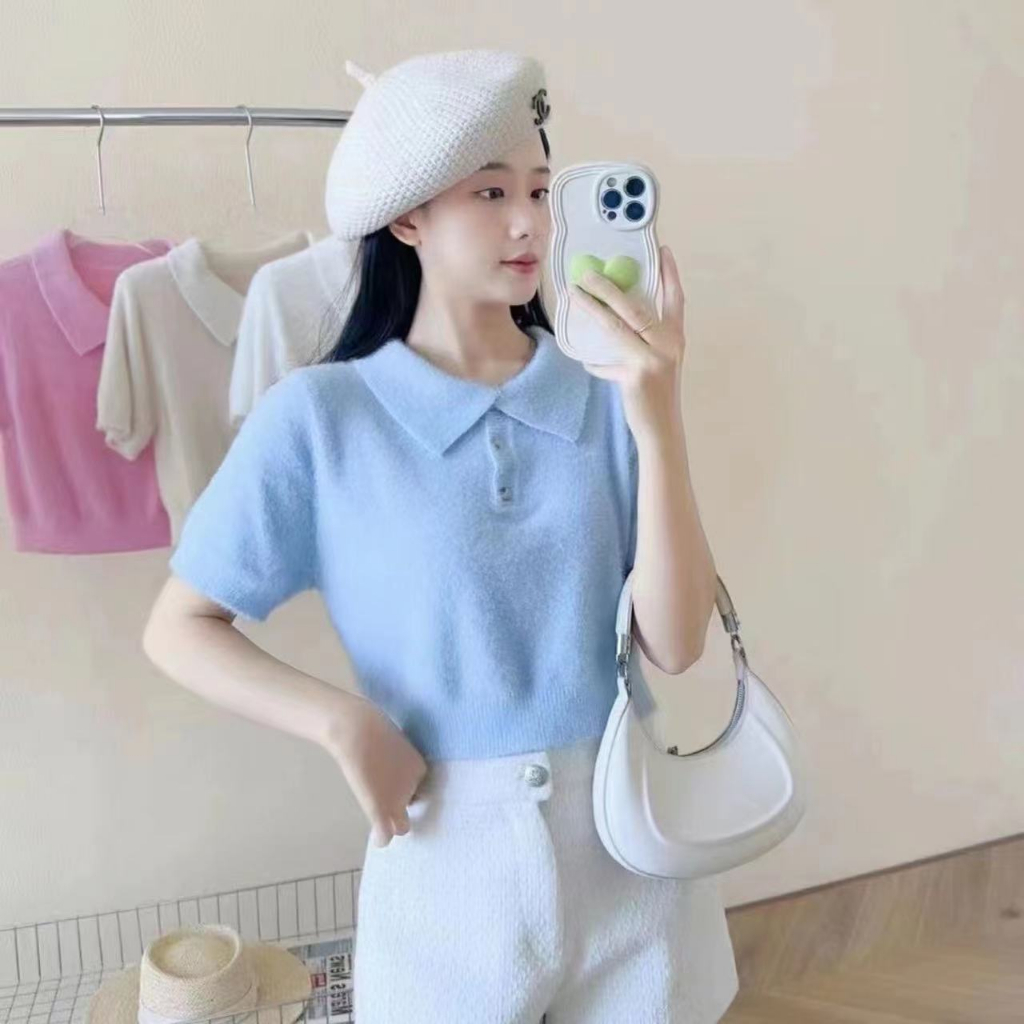 Acha Polo Top Knit Tshirt - Blouse Kerah Atasan Rajut Wanita TM (C590-1)