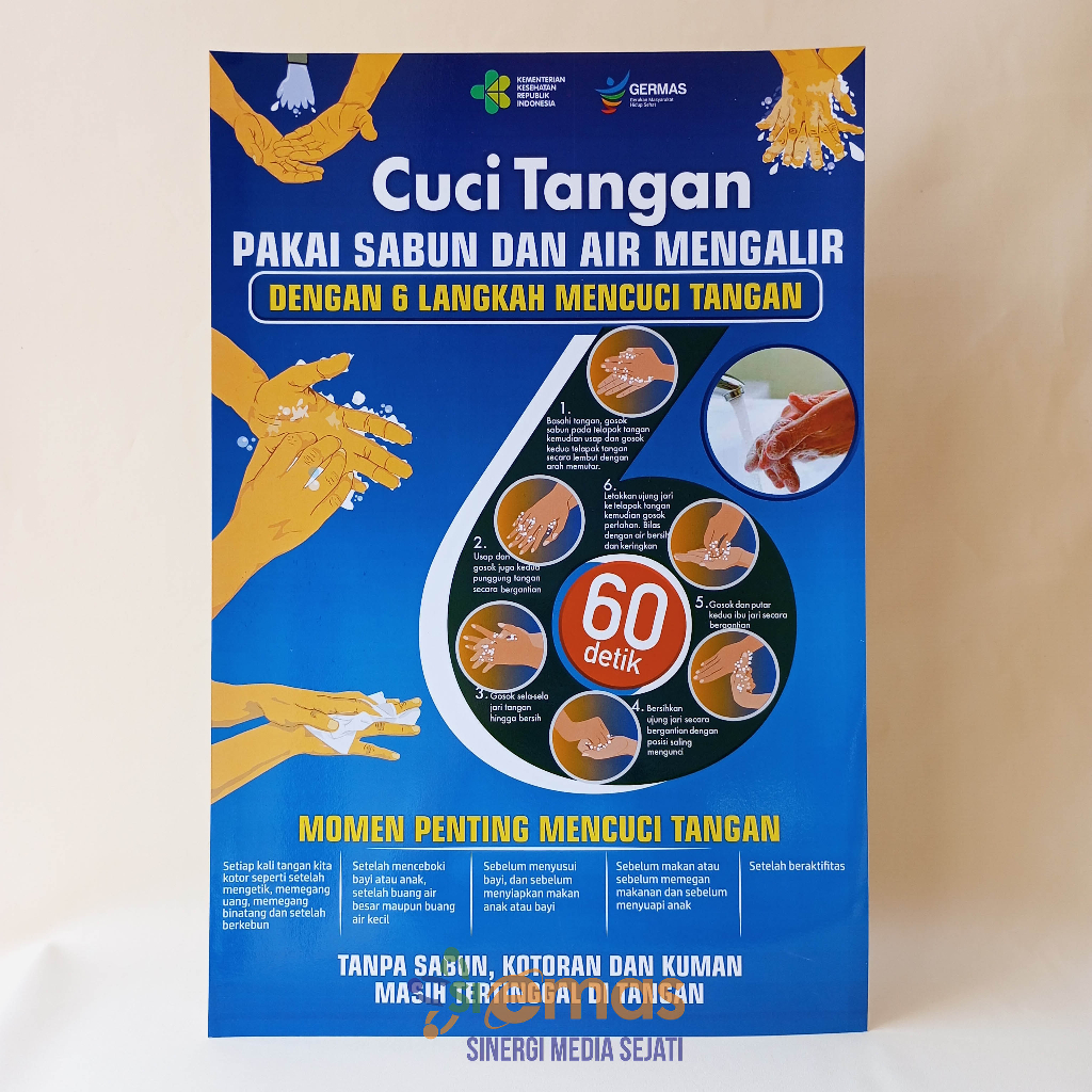 Poster Kesehatan | Poster Cara Cuci Tangan | Poster 6 Langkah Cuci Tangan Versi Kemenkes