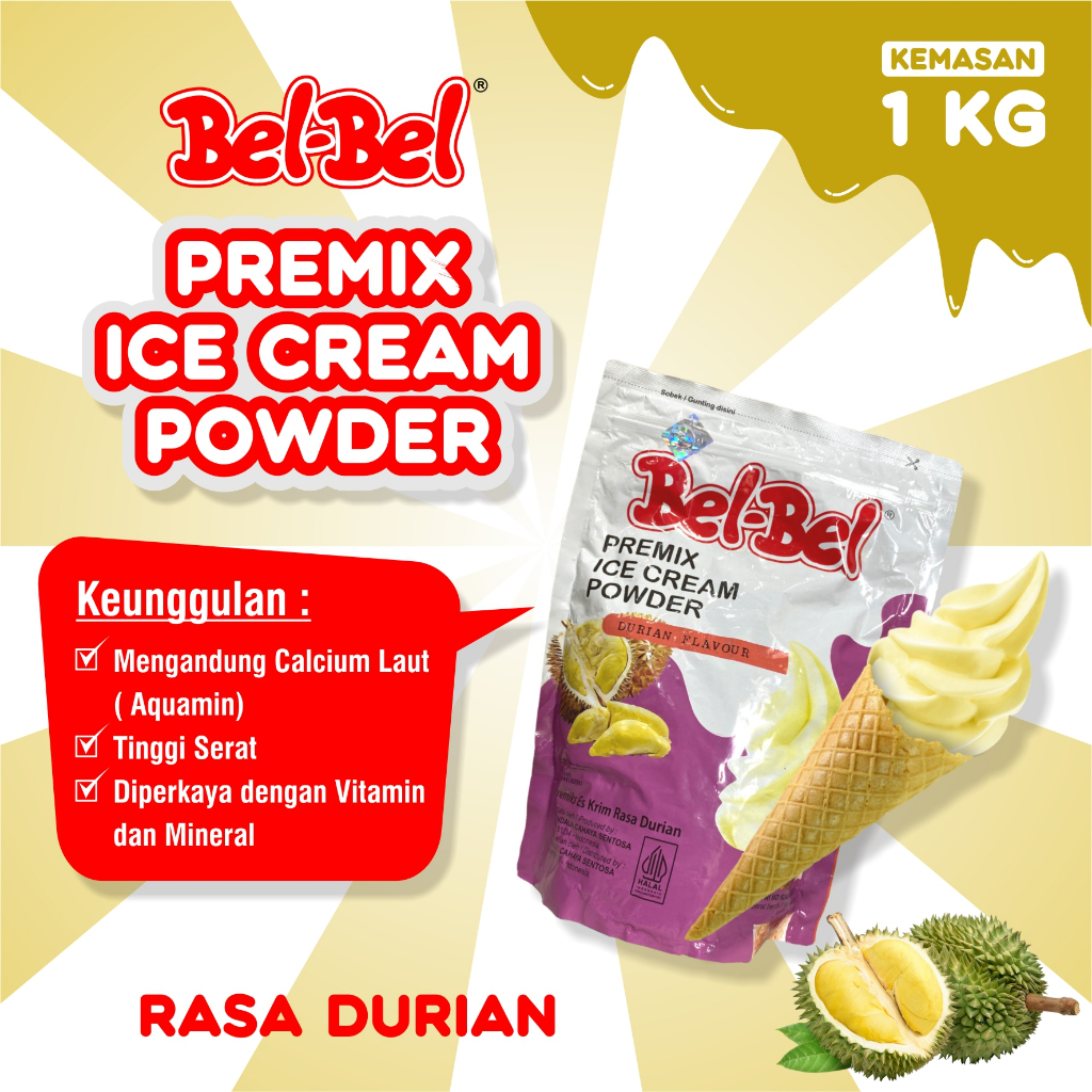

Soft Ice Cream Belbel rasa Durian Kemasan 1 Kg | Bubuk Ice Cream BPOM | Halal