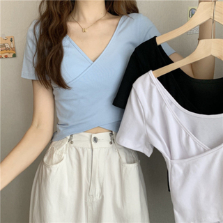 GO!BJ1147 Baju Atasan Kaos CropTop Lengan Pendek Model Leher V Neck Wanita Kekinian Fashion korean