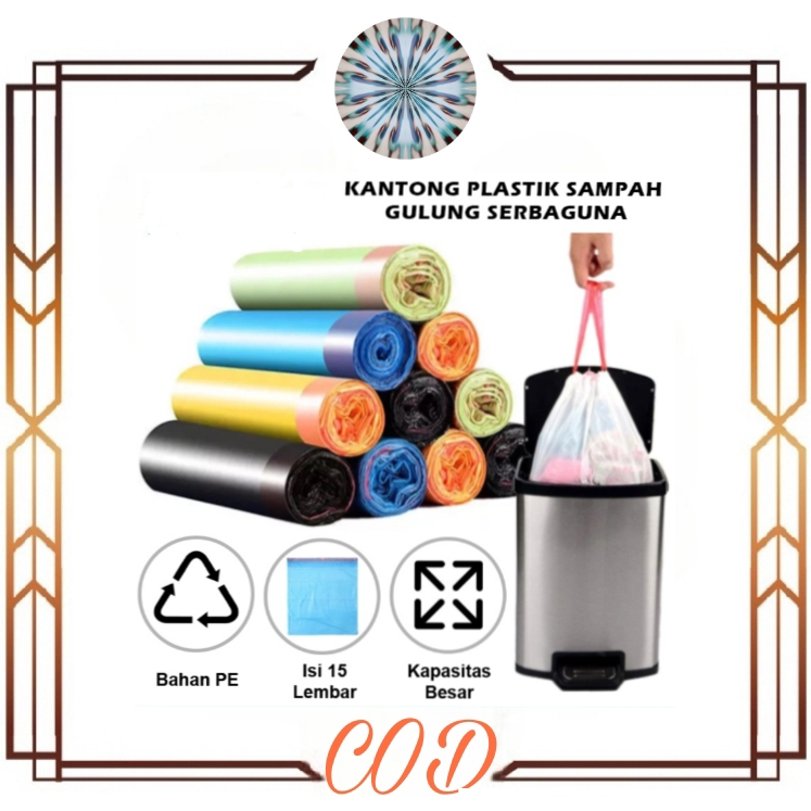 (cod)KANTONG PLASTIK SAMPAH ROLL DENGAN TALI 45X50 CM ISI 15 LEMBAR / KANTONG SAMPAH GULUNG / PLASTIK SAMPAH