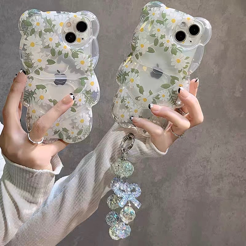 White Flower Bear with Crystal Chain Softcase Casing Case HP Lucu iphone XS XS Max XR 11 Pro Max 12 Pro Max 13 Pro Max 14 Pro Max