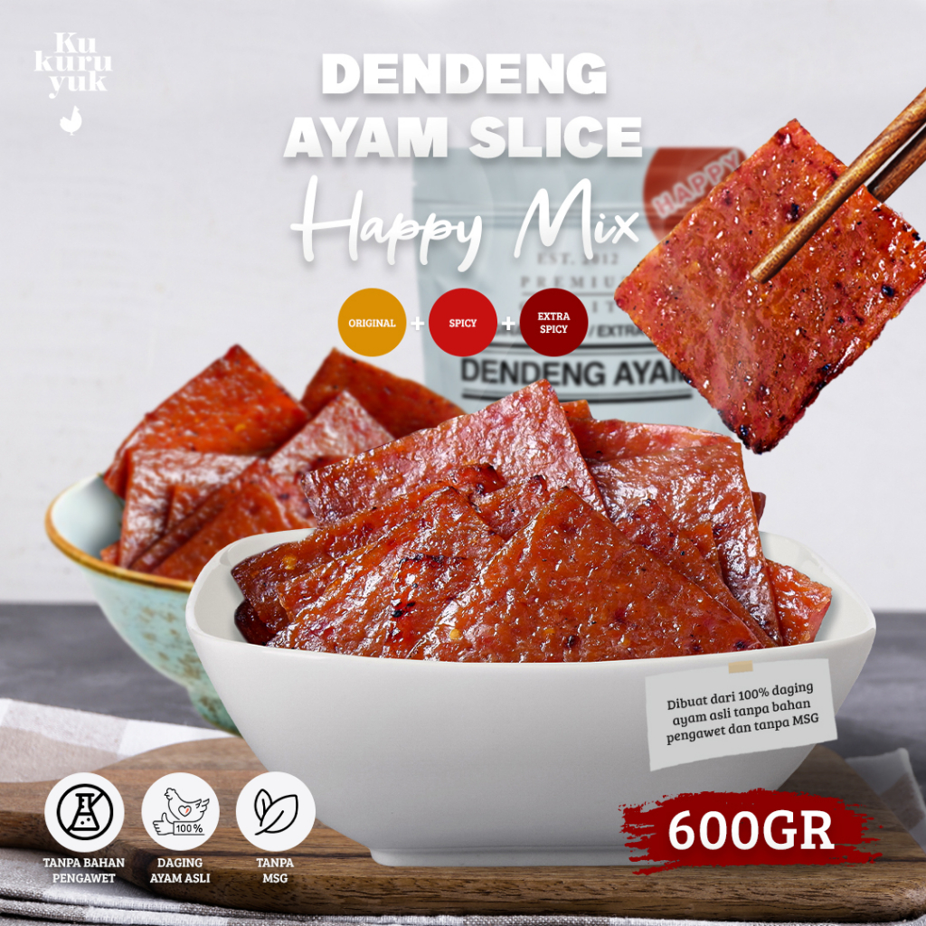 

HAPPY MIX (Kotak 3 Rasa) Paket 600gr Variant Dendeng Ayam Kukuruyuk Makanan Siap Saji