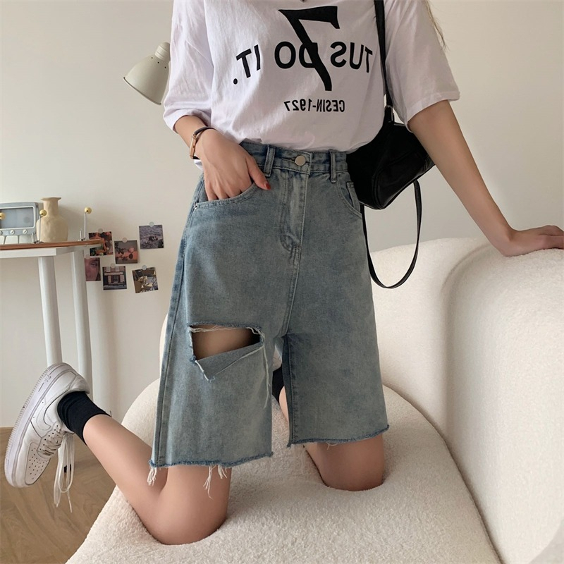 Biru Highwaist Robek Celana Pendek Jeans Wanita Korean Kekinian