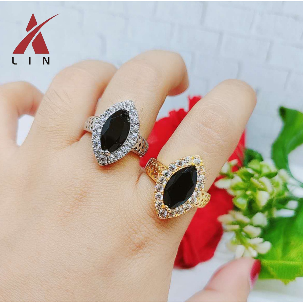 LIN Jewelry Cincin CG Permata Hitam Lapis Emas 2317