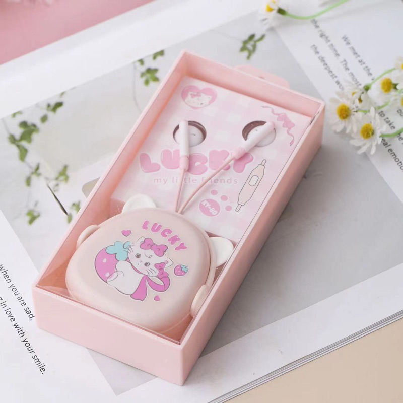 [ XY 80 ] Set Headset Earphone karakter l Lucky Happy/ + Wadah Earphone Motif