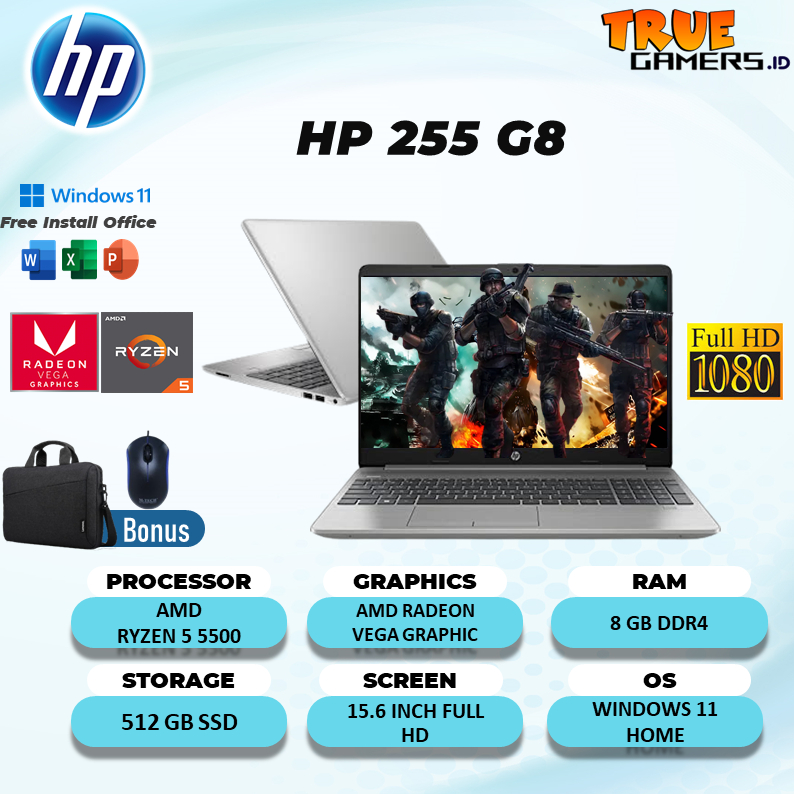Laptop Hp 255 G8 RYZEN 5 5500 8GB 256SSD VEGA7 Win11 15.6FHD