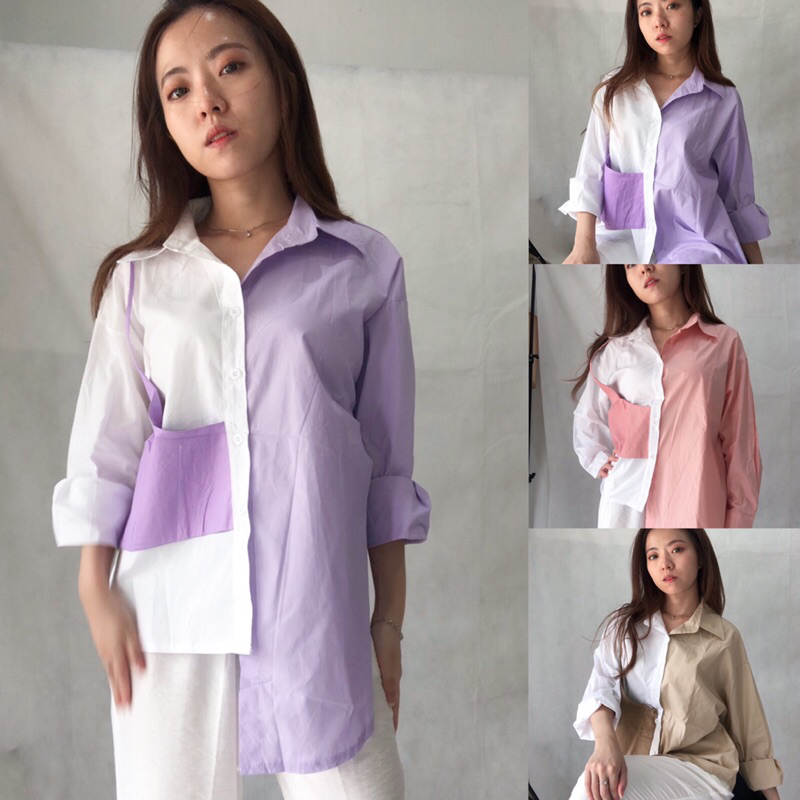 Atasan Wanita Gaia Import Shirt – Kemeja Two Tone Katun Leather Two In One Model Korea